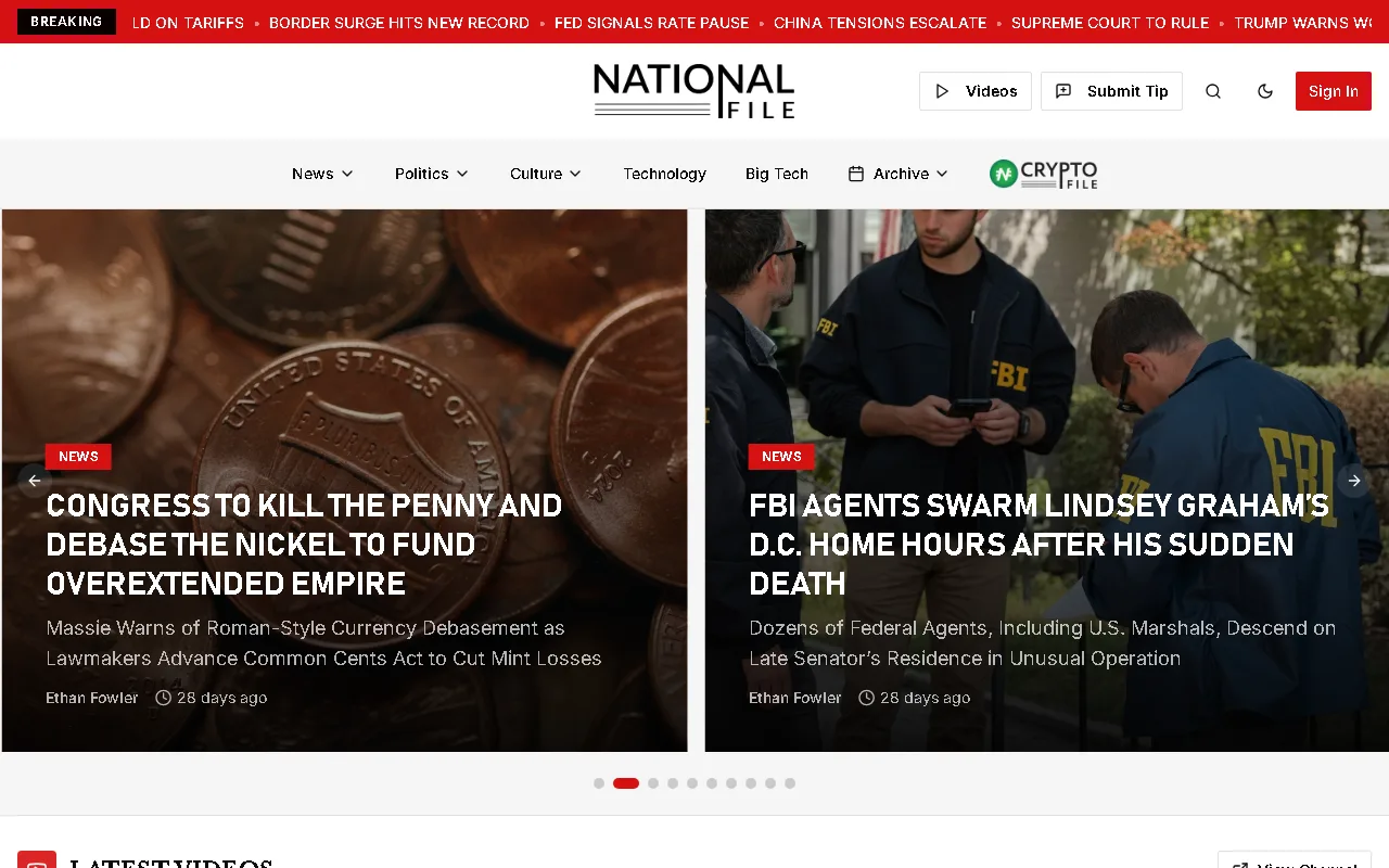 Screenshot of NationalFile.com — custom AI newsroom platform with breaking-news layout